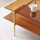Extra Large Rectangle Glass Coffee Table, Mid-Century Modern Design for Living Room, L47 x W24 x H17, Amber Glass Top and Walnut MDF Shelf, Sleek Conical Metal Legs with Gold Finish by CozyNest Decor