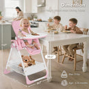 Kinder King Convertible Baby High Chair, Adjustable Feeding Chair for Babies and Toddlers with Removable Double Tray, Simple Compact Fold for Space-Saving, 2 Built-in Wheels, Easy to Clean, Pink by TinyTreasures Baby Boutique
