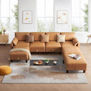 Faux Leather Modular Sofa Couch 128" Modern 7-Seat Sofa with Chaises, Upholstered Sectional Couch with Wood Square Legs for House, Living Room, Reception Room, Apartment, Tan by CozyNest Decor