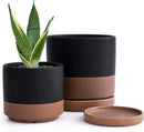 D'vine Dev 4.6 Inch & 6 Inch Ceramic Planter Pots for Plants with Drainage Hole and Saucer, Small Plant Pots Set, Black/Speckled Tan, 94-G-S-7 by GreenHaven Gardens