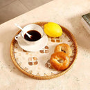 Round Rattan Tray with Mother of Pearl Inlay & Wooden Base - Decorative Wicker Serving Tray for Coffee/Bread/Fruits, Food Storage & Display - Multipurpose Home Decor (L,Four-Petal Flower) by CozyNest Decor
