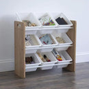 Humble Crew 9-Bin Toy Organizer – Journey Natural Wood with White Plastic Bins, 3-Tier Storage Solution for Kids' Playrooms and Nurseries by CozyNest Decor