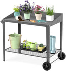 Outdoor Metal Potting Bench with Wheels, Heavy Duty Garden Workbench Table with Storage Shelf (Dark Gray, 36"x38.8") by GreenHaven Gardens