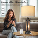 QiMH Farmhouse Table Lamps for Living Room, Beside Lamps for Bedroom with USB A+C Charging Ports, Rustic Nightstand Lamp Set of 2 with Frosted Glass Night Light, 4 Bulbs Included (Black) by CozyNest Decor