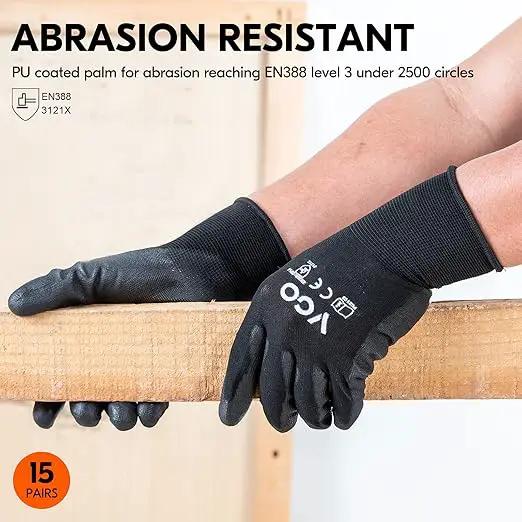 Vgo... 15-Pairs Safety Work Gloves, Gardening Gloves, Polyurethane Coated, Dipping Gloves, Latex Free (Size L, Black, PU2103), photo 3 of 5
