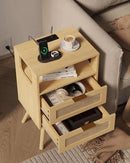 Rattan Nightstand with Charging Station,Modern Bedside Table with 2 Storage Drawer and Open Wood Shelf, for Bedroom and Small Spaces,Night Stand with Solid Wood Legs (Yellow Oak) by CozyNest Decor