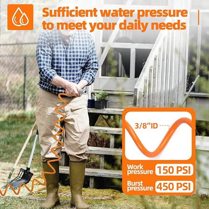 3/8” Lightweight Coil Garden Hose 100 FT, EVA Retractable Curly Water Pipe with 6-Pattern Spray Nozzle for Boat, Greenhouse, Yard, Patio (Orange), photo 6 of 7