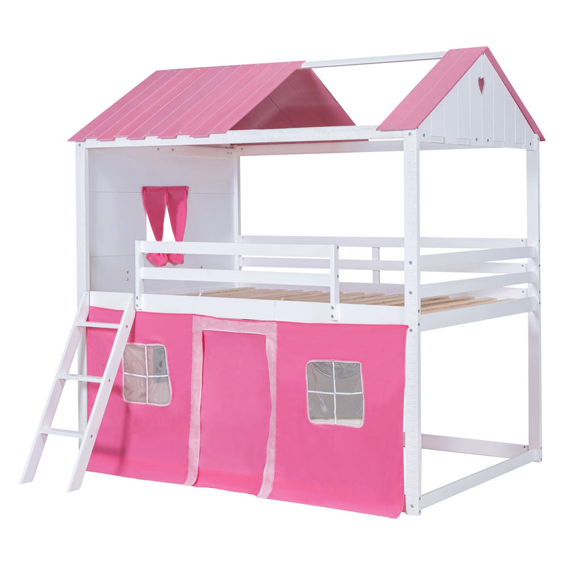 Full Size Bunk Wood House Bed with Elegant Windows, Sills and Tent, Pink+White