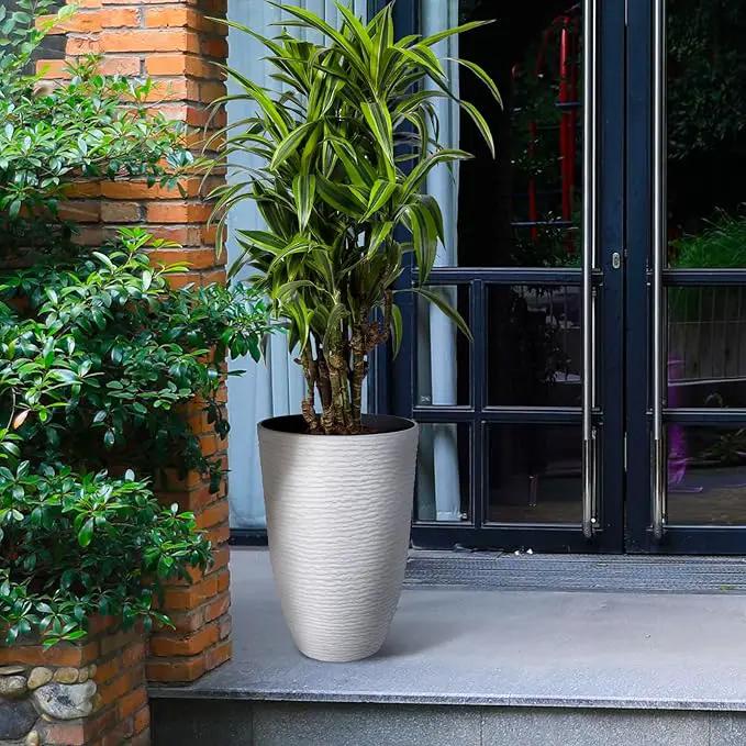 Worth Garden 2-Pack 21" H. White Tall Planters - 14'' Dia Resin Large Round Flower Pots for Outdoor Plants Trees - Imitation Stone Finish Plastic Indoor Front Porch 9 Gallon Decorative Container Patio, photo 2 of 6