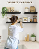 Marsmiles 6.7" Floating Shelves for Wall, Wooden Shelves with Invisible Brackets Set of 2, Rustic Farmhouse Wall Mounted Shelf for Kitchen Bathroom Living Room Study, Black by CozyNest Decor