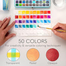 CHROMATEK Watercolor Paint Set – 50 Vivid Colors Including Transparent, Opaque & Pastel – Art Kit with Brush, Water Pen, Palette, Color Chart, Swatch Sheets, Pad & Metal Travel Case by TinyTreasures Baby Boutique