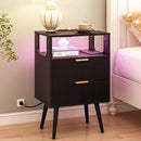 Black Nightstand with Charging Station and LED Lights,Modern Bedside Table with 2 Storage Drawer and Open Wood Shelf, for Bedroom and Small Spaces,Night Stand with Solid Wood Legs,Black by CozyNest Decor
