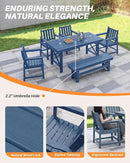 HDPE Outdoor Dining Set of 6, Patio Dining Table Set with 4 Chairs and 1 Bench, 6 Pieces HDPE Dining Set with Umbrella Hole, Outdoor Furniture Sets for Deck, Poolside, Garden, Navy by CozyNest Decor
