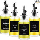 Olive Oil Dispenser Bottle - Includes 55 Kitchen Essential Labels - Cooking Oil Bottles for Kitchen, Coffee Syrup Dispenser - Pourer Spout with 11.8 fl oz Glass Container Cruet - 4pcs, Black by CozyNest Decor