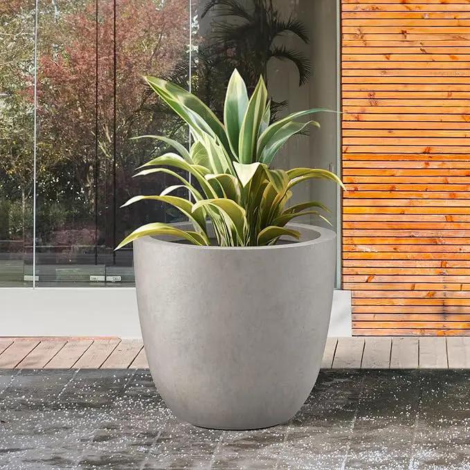 Kante 14 Inch Dia Round Concrete Planter, Indoor Outdoor Large Plant Pot with Drainage Hole and Rubber Plug for Home Patio Garden, Weathered Concrete, photo 3 of 7