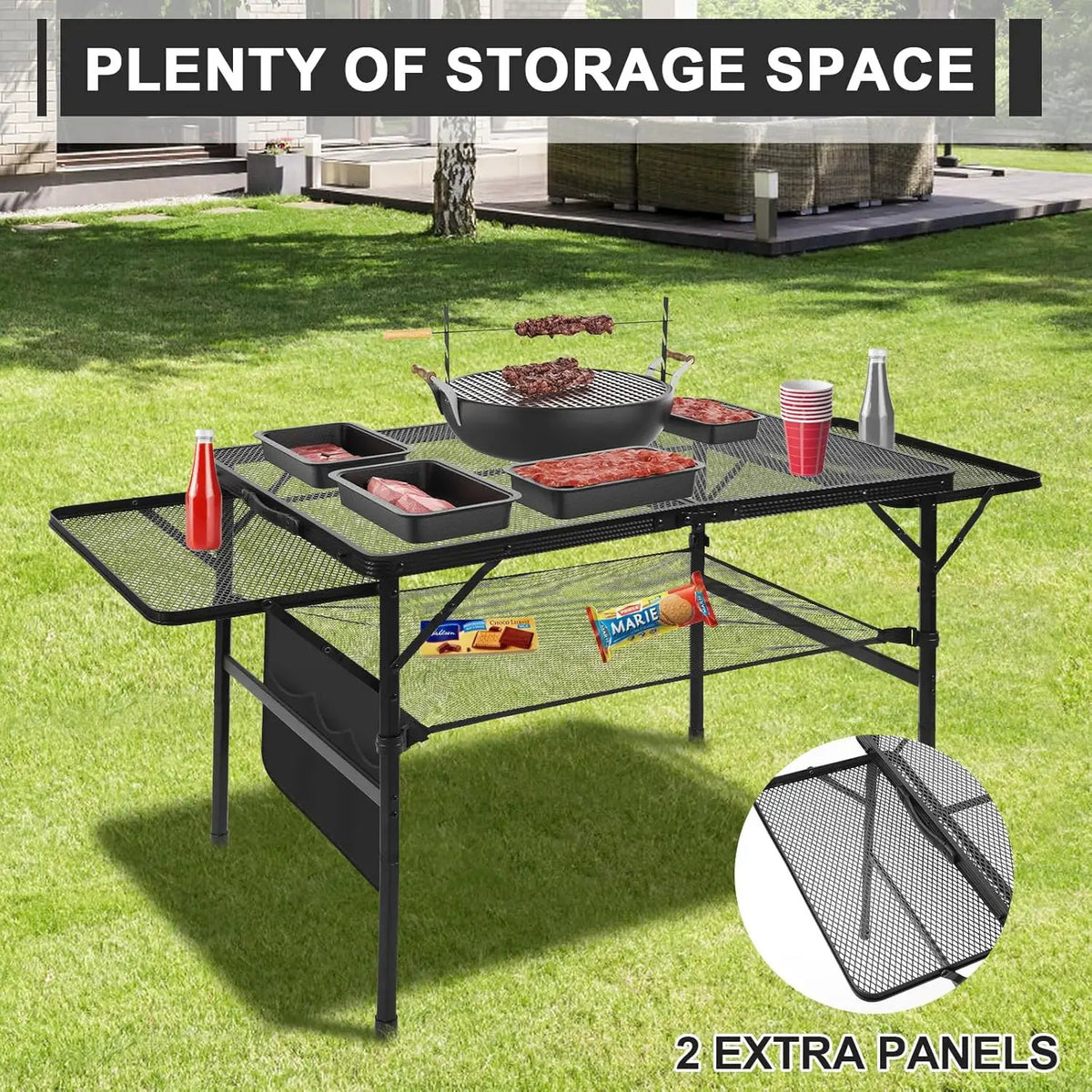 Folding Grill 4.4 FT Portable Camping Table with 2 Wing Panels, Height Adjustable Metal Outdoor Table with Mesh Desktop and Mesh Bag, Picnic, Beach and BBQ, Party, Black, photo 6 of 6