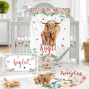 Personalized Baby Crib Bedding Set - Custom Name Highland Cattle Design 3 Pcs Set - Soft Blanket with Double Layer Dotted Backing, Fitted Sheet, Room Rug for Newborns Boys Girls Shower Gift by TinyTreasures Baby Boutique