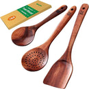 Riveira Set of 3 Dark Teak Spoons for Cooking - Wooden Kitchen Utensil Set - Non-Toxic Cooking Utensils - Wooden Spatula for Cooking - Teak Wood Utensils for Non-Stick Cookware by CozyNest Decor