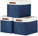 DULLEMELO Large Storage Baskets with Leather Handles for Linen Closet and Home Office, Decorative Baskets for Toys Storage (White & Blue) by TinyTreasures Baby Boutique