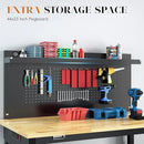 48" Heavy Duty Adjustable Workbench with Large Pegboard, Adjustable Work Table with Power Outlets & Lockable Wheels, Rubber Wood Workstation for Garage, Workshop, Office, Home, Commercial