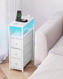 TUTOTAK Narrow LED Night Stand with Charging Station, Slim End Table with Plugins, Tall Side Table with 3 Fabric Drawer, Small Bedside Table with Storage, Set of 2, for Living Room, White TB01BW073L by CozyNest Decor