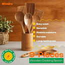 Riveira 9 Pieces Teak Wooden Spoons For Cooking – Premium & Durable Organic Teak Wooden Cooking Utensils – Non Stick Wooden Spatula For Cooking – Non Toxic Utensil Set With Holder & Spoon Rest by CozyNest Decor