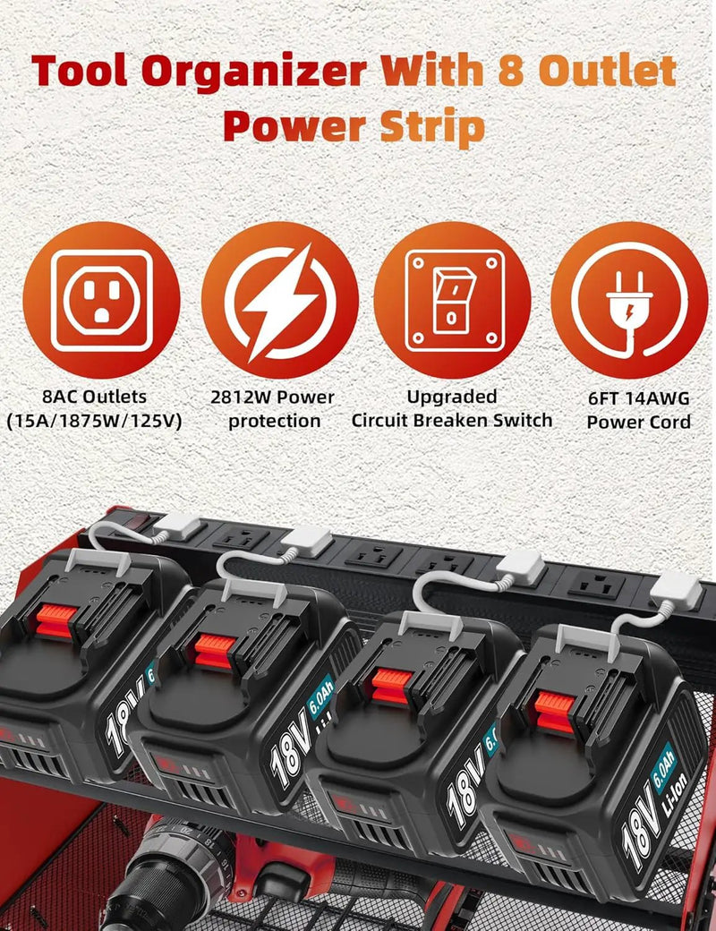 Power Tool Organizer wtih Charging Station，3 Layers Storage Rack with Screwdriver Rack 6 Drill Holders 8 Outlets Max Load 110lbs，for Workshop Garage Organizers and Storage Tool Battery Holder (red), photo 2 of 6