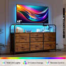 TV Stand for Bedroom with LED Lights & Charging Station, 7 Drawer with Open Shelf, Media Console for Living Room & Chest of Drawers for Closet, Entryway, Hallway, 4 Hooks, Rustic Brown by CozyNest Decor