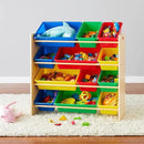 Amazon Basics Kids Toy Storage Organizer With 12 Plastic Bins, Natural Wood With Bright Bins, 10.9" D x 33.6" W x 31.1" H by CozyNest Decor