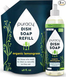 Puracy Natural Dish Soap Refill Bundle- Enzyme-Powered Dishwashing Soap, Organic Dishsoap Liquid Clean Non-Toxic (Organic Lemongrass, 16oz and 48oz Refill) by CozyNest Decor