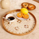 Round Rattan Tray with Mother of Pearl Inlay & Wooden Base - Decorative Wicker Serving Tray for Coffee/Bread/Fruits, Food Storage & Display - Multipurpose Home Decor (M,Four-Petal Flower) by CozyNest Decor