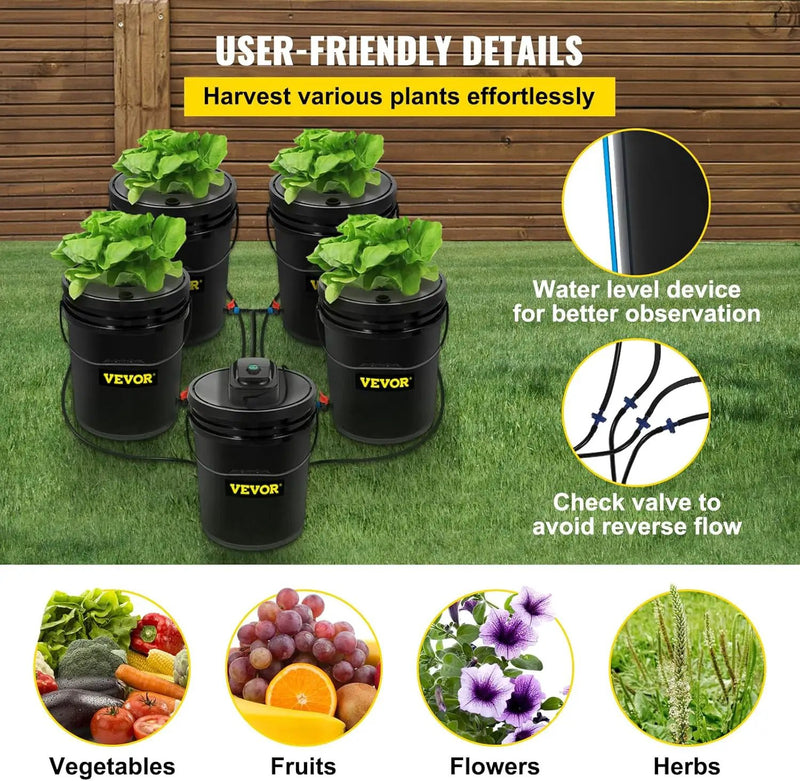 VEVOR DWC Hydroponic System, 5 Gallon 5 Buckets, Deep Water Culture Growing Bucket, Hydroponics Grow Kit with Pump, Air Stone and Connected Reservoir, for Indoor/Outdoor Leafy Vegetables, photo 6 of 6