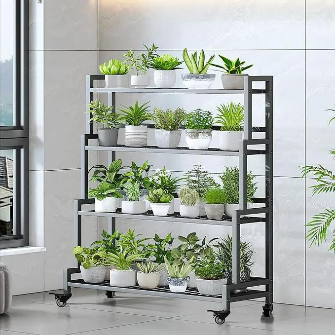 YIZAJIA Plant Stand Indoor 4 Tier Metal Outdoor Tiered Stands Shelf With wheel for Multiple Plants Potted Ladder Plant Holder Table Plant Pot Stand for Window Garden Balcony Living Room (4 Tier-Black), photo 5 of 6