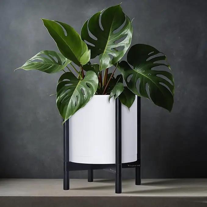 D'vine Dev Planter Pot with Stand - 12 Inch Plastic Cylinder Flower Pot with Wood Planter Holder for Indoor, Matte White Pot + Ebony Stand, 55-C-Q-1, photo 3 of 5