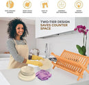 BAMBUSI Dish Drying Rack - Collapsible 2-Tier Bamboo Dish Rack for Kitchen Counter, Wooden Dish Drainer with Foldable Space-Saving Design - Drying Rack for Dishes, Plates, and Cups - Housewarming Gift by CozyNest Decor