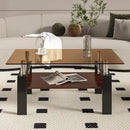 39" Brown Glass Coffee Table Walnut Modern Living Room Center Table Rectangle, with Wooden MDF Storage Layer, Black Metal Leg, for Small Apartment and Office, Brown by CozyNest Decor