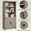 70in Tall Bookshelf 5 Tier Bookcase with Barn Doors and Adjustable Shelves, Grey Farmhouse Book Shelf with Storage Cabinet, Wood Freestanding Display Bookshelves for Bedroom, Living Room by CozyNest Decor
