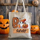 Personalized Trick or Treat Bags Custom Name Halloween Canvas Tote Bags for Kids Pumpkin Ghost Boo Bag Halloween Tote Bags for Girls and Boys Reusable Candy Totes 15" x 16" by TinyTreasures Baby Boutique