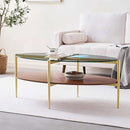 Oval Glass Coffee Table, Mid-Century Modern Design, L43 x W22 x H17 inch, 2-Tier Structure, Olive Shaped Clear Glass Top and Walnut Finish Wood Shelf, Tapered Legs with Gold Finish Frame by CozyNest Decor