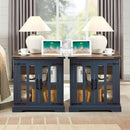 Farmhouse End Table with Charging Station,24" Large Side Table with Glass Barn Door, Rustic Wood Nightstand Bedside Table with Adjustable Storage Shelf for Living Room, Bedroom, Blue,2 Pack by CozyNest Decor