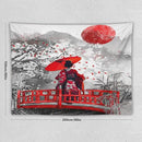 Japanese Red Geisha Tapestry Asian Cherry Blossom Red Sun Traditional Kimono Folk Tapestries Home Decor for Living Room Bedroom Apartment Farmhouse Dorm 80"x60" by CozyNest Decor