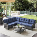 Outdoor Furniture Sectional Sofa L Shaped Couch - Patio Wicker Furniture Set with Coffee Table, 3 Piece Rattan Patio Conversation Sets with Blue Cushion for Deck Backyard Sunroom by GreenHaven Gardens
