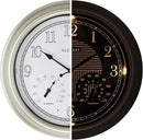 CLXEAST 18 Inch Illuminated Outdoor Indoor Atomic Analog Wall Clock with Temperature & Humidity Combo, Lighted Outdoor Clocks for Patio Large Waterproof with Thermometer, Modern Morning Silver/Gold by CozyNest Decor