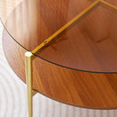 Extra Large Round Coffee Table, Mid-Century Modern Design, D34 x H17 in, for Living Room, 2-Tier Structure, Amber Glass Top and Walnut MDF Shelf, Sleek Conical Metal Legs with Gold Finish by CozyNest Decor