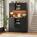 FINETONES 71" Pantry Cabinet with LED Light and Charging Station, Kitchen Pantry Cabinet with Microwave Stand, Kitchen Hutch Food Storage Cabinet with Outlet and Wine Racks, Black by CozyNest Decor