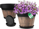 Quarut Large Plastic Plant Pots Set of 4 Pack13 inch,Whiskey Barrel Planters with Drainage Holes & Saucer.Flower Pots Imitation Wine Barrel Design for Indoor & Outdoor Garden Balcony Plants (Brown) by GreenHaven Gardens