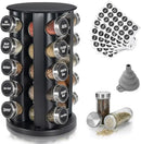 Black Countertop Revolving Spice Rack, Empty 20-Jars Rotating Spice Rack Organizer, Round Carousel Tower, 135 Spice Labels with Funnel Complete Set, for Kitchen Countertop, Cabinet by CozyNest Decor