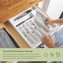 Premium Silverware, Flatware and Utensil Organizer for Kitchen Drawers, Food-Safe Contract Grade, Expandable from 16 to 28 In, White Bamboo by CozyNest Decor