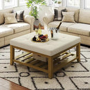Large Square Ottoman Coffee Table, Linen Solid Upholstered Footrest Ottoman with Solid Wood Shelf Storage Tufted Coffee Table for Bedroom Living Room, Ivory by CozyNest Decor
