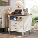T4TREAM 24'' Farmhouse End Table w/4 Solid Wood Feet, Large 2 Drawers Wide Sofa Side Table with Charging Station, Tall Rustic Wood Square Nightstand for Living Room, Bedroom, Office, Antique White by CozyNest Decor